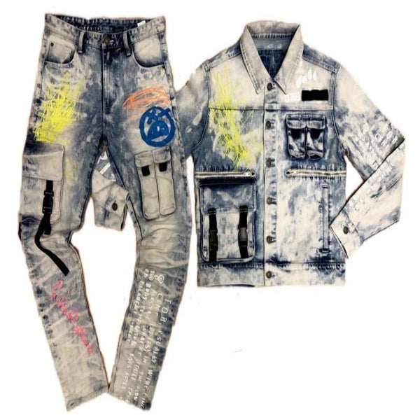 MENS PREMIUM SPAN ICE BLUE DENIM JACKET SETS W/UTILITY DETAIL