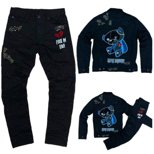 MENS PREMIUM SPAN BLACK DENIM SET W/BEAR CHENILLE DETAIL + RHINESTONE