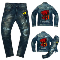 MENS PREMIUM SPAN INDIGO DENIM SET W/BEAR CHENILLE DETAIL + RHINESTONE