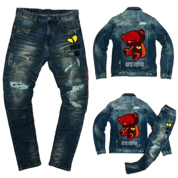 MENS PREMIUM SPAN INDIGO DENIM SET W/BEAR CHENILLE DETAIL + RHINESTONE