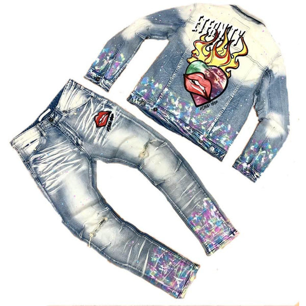 MENS PREMIUM SPAN LIGHT BLUE DENIM SET W/PAINTS + PATCHES